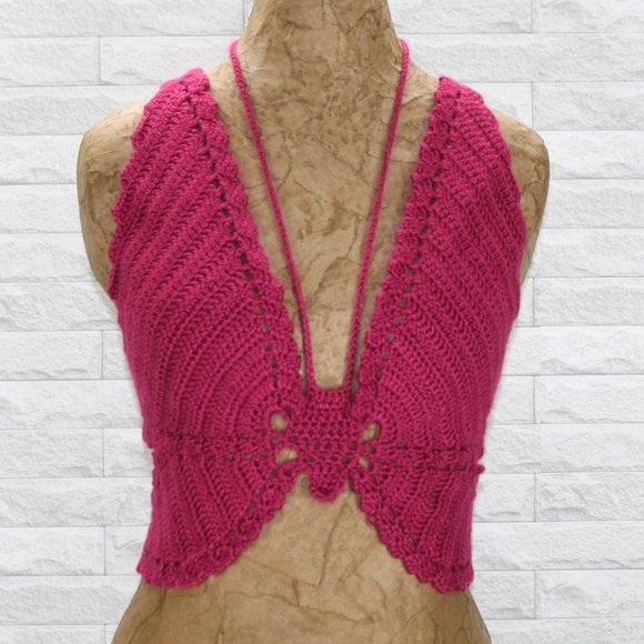 Hand Crafted Tops - HAND CRAFTED Butterfly Crochet Top Blue Crop Festival Fashion Rave Pink Various